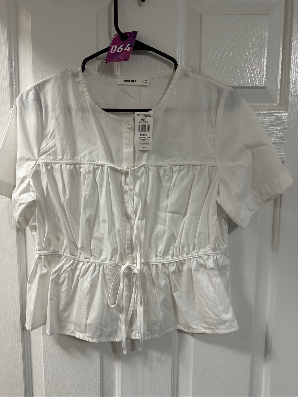 Mod Ref White Short-Sleeve Button Front Peplum Top with Waist Tie